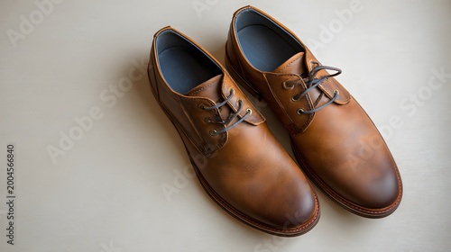 Pair of elegant brown leather shoes is placed on plain surface, showcasing their minimal design and craftsmanship. shoes feature classic lace up style, perfect for formal occasions