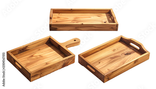Three wooden trays and cutting board, all crafted from warm-toned wood, on a dark background