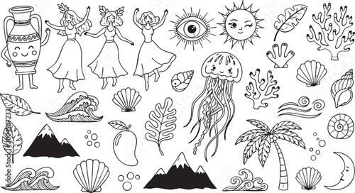 Tablou pe pânză Large hand drawn doodle collection of mythical ancient objects, tropical nature, sea life, and celestial bodies