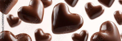 floating dark chocolate hearts on clean white background, glossy gourmet chocolate heart pattern with soft reflections, minimal studio composition of rich cocoa hearts in motion
