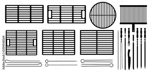Quadro su tela BBQ grill grates and skewers silhouette set isolated on white background