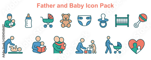 Father and baby icon pack showing family bonding care activities feeding.