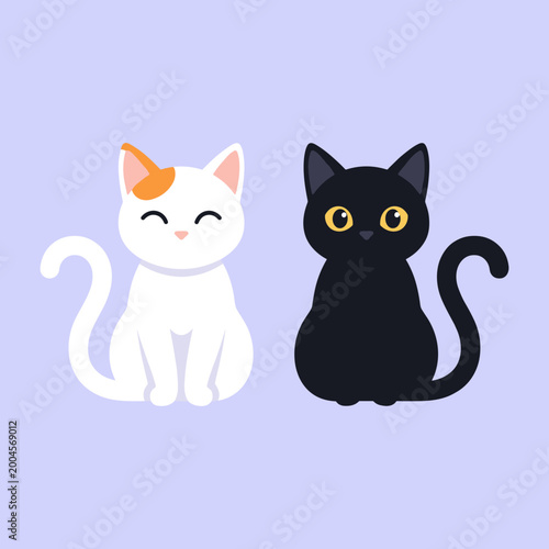 Cute Domestic Cats Vector Illustration, White and Black Cat Characters Sitting Together, Pets and Animals Flat Icons Isolated on Purple Background