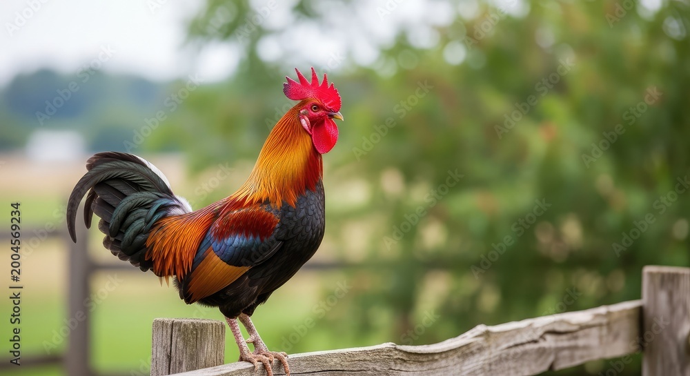 Fototapeta premium Vibrant rooster perched on a wooden fence in a rural setting