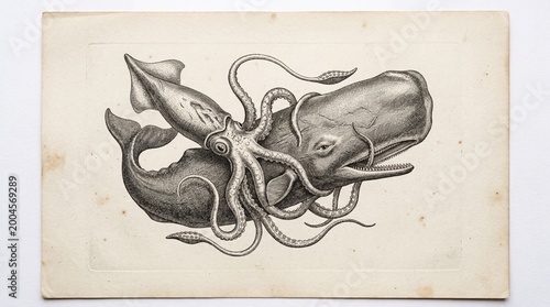 Vintage Engraving of Giant Squid and Sperm Whale Combat
