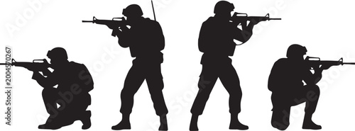Photos Black Silhouette Military Soldier Set with Rifle Aiming Standing and Kneeling Co