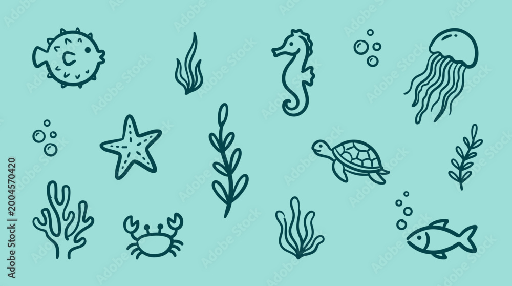 Fototapeta premium Charming hand drawn doodle illustration of various sea creatures and aquatic plants on a solid pastel blue background