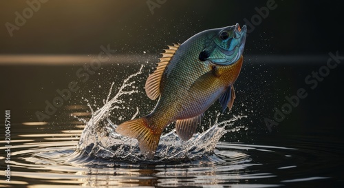Large bluegill fish leaping from water with splashing droplets in golden sunlight