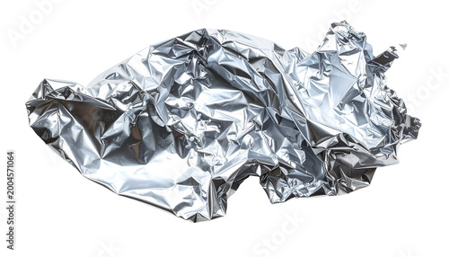 Crumpled sheet of shiny, reflective metal foil isolated on a black background