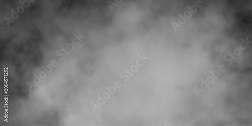 Quadro em tela Abstract white puffs of smoke swirls overlay on black fog background pollution, perfect for adding depth and  digital and creative designs, empty space studio dark room with white spot lighting