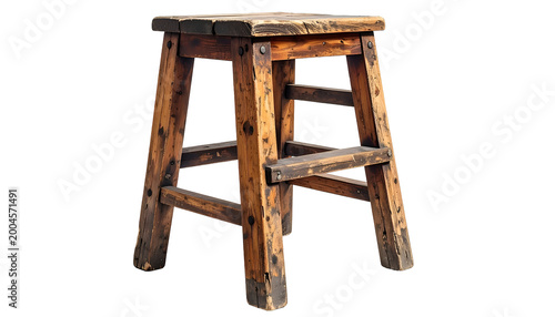 Weathered, sturdy, wooden stool, simple design with four legs and a rectangular seat