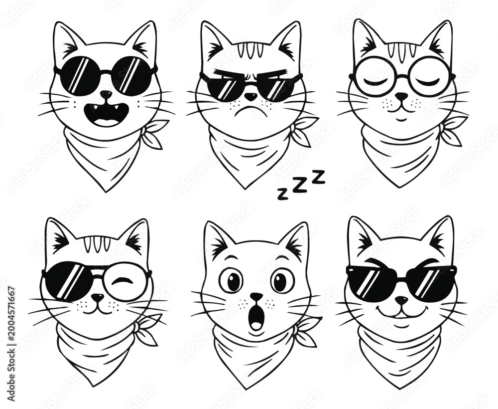 Fototapeta premium Funny Cat Face Emojis with Sunglasses and Scarves