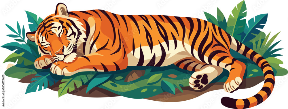 Fototapeta premium Relaxed tiger sleeping peacefully amidst jungle plants