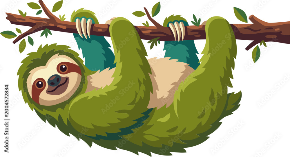 Fototapeta premium Stylized green sloth hanging from a branch in the forest