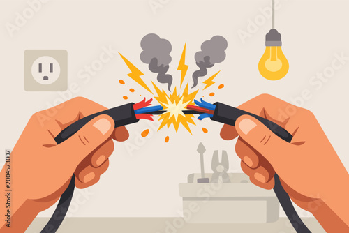 Hands Holding Damaged Electrical Cable with Sparks and Smoke, Short Circuit Hazard, Dangerous DIY Repair Mistake, Electrician Safety Concept, Flat Vector Illustration of Power Line Failure and Risk