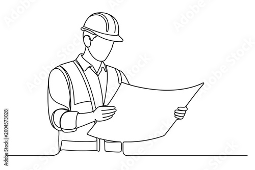 Continuous Line Drawing of a Professional Male Engineer or Construction Worker Wearing a Hard Hat and Safety Vest Holding a Blueprint Plan, Minimalist One Line Art Style Vector Illustration