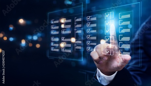 business hand selecting checklist boxes on virtual interface representing compliance verification quality control and approval workflow