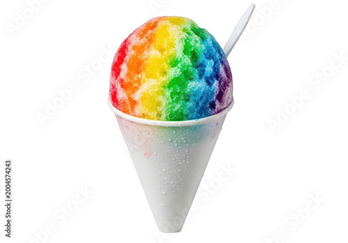 Rainbow shaved ice cup isolated on transparent background for summer treat and refreshment advertising