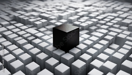 black cube standing out among white cubes on a geometric grid black sheep concept