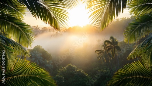 lush green palm leaves frame a bright misty clea in a dense jungle with warm sunlight filte through the canopy creating a serene and inviting atmosphere