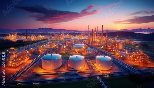 oil refinery plant from industry zone oil refinery at twilight aerial view of oil and gas industry industry factory concept and transportation refinery factory and oil storage tank generative ai
