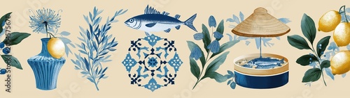 Mediterranean style seamless pattern with lemons, fish, and ceramic tiles. Hand drawn illustration of coastal life elements