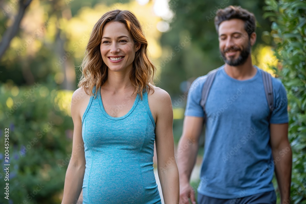 Obraz premium Pregnant woman and partner taking calm post - workout walk together through park