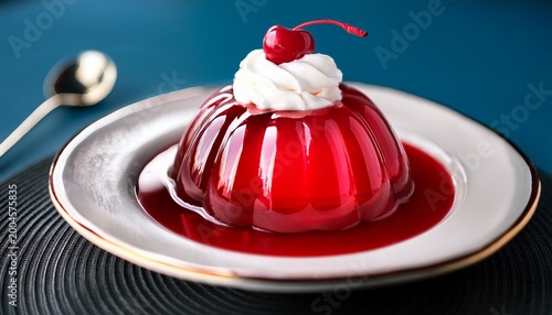elegant dessert presentation featuring glossy red jelly topped with whipped cream and a cherry on