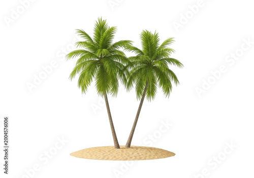 Two palm trees on sand island isolated on transparent background for travel and summer marketing