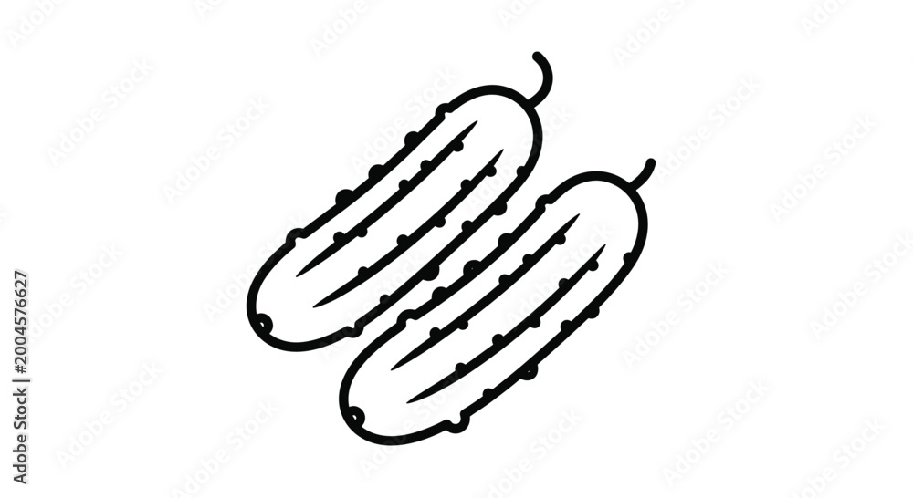 Fototapeta premium Line art drawing of two fresh cucumbers with bumps on a plain white background for healthy food and salad concepts.