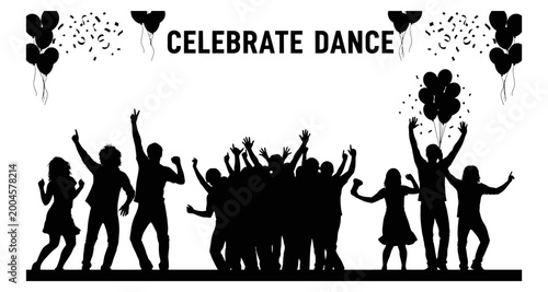 Celebration dance silhouettes with balloons and confetti against white background
