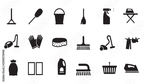 A large collection of various black vector icons illustrating common cleaning and household items.
