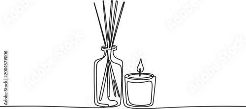 Obraz na plátně Continuous one line drawing of Candle and Reed Diffuser Oil