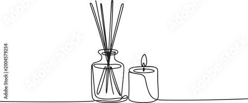 Tableau sur toile Continuous one line drawing of Candle and Reed Diffuser Oil