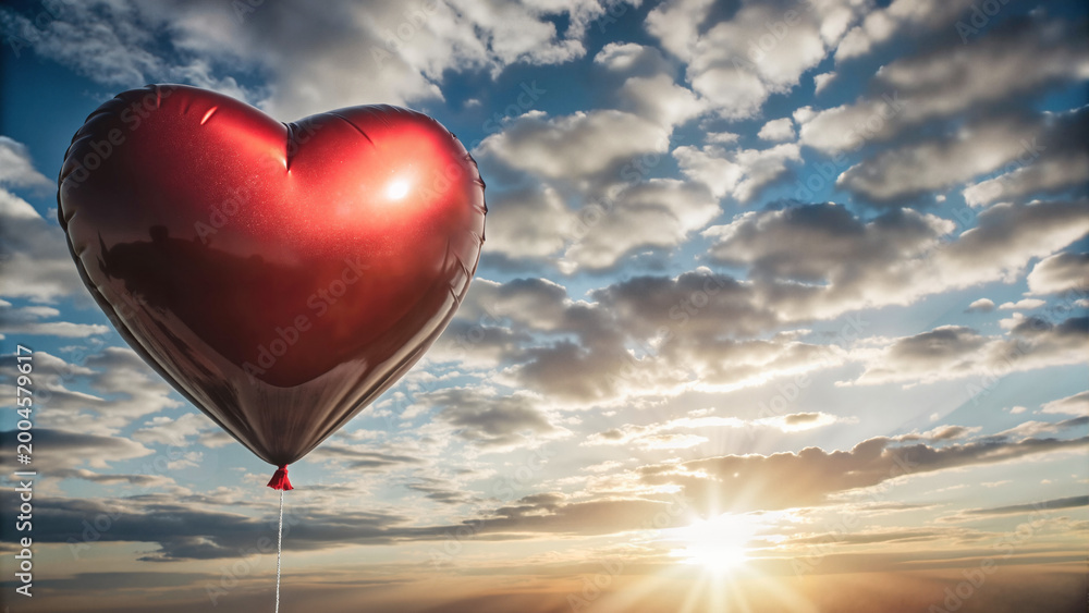 Obraz premium Red heart-shaped balloon floating against a sunset sky 