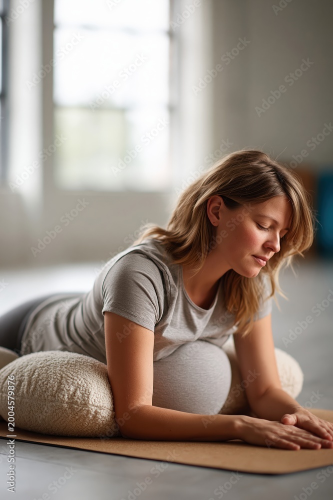 Obraz premium Pregnant woman resting in child?s pose variation supported by bolsters in quiet studio