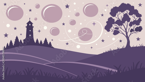 Фотография dreamy, purple landscape, night scenery, vector illustration, fantasy world