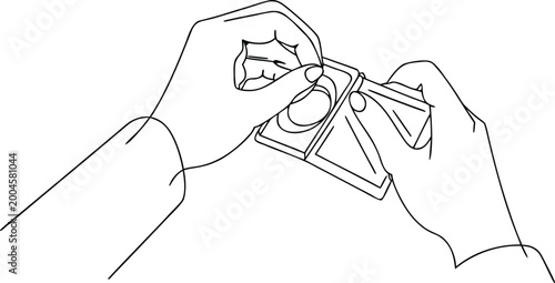 Fotografie Continuous one line drawing of hands opening condom package for safe sex vector illustration