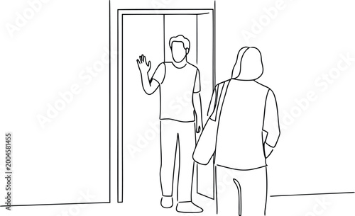 Man waving hand greeting woman at doorway continuous line drawing minimalist illustration.