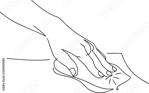 Photos Hand cleaning surface with cloth in a continuous line art style.