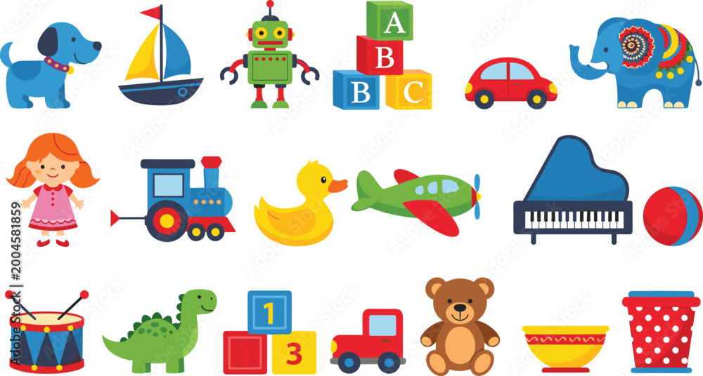 Fototapeta premium Fun Kids’ Toy Collection with Animals, Blocks, Cars, Dolls, and Musical Instruments for Playtime and Learning Illustrations