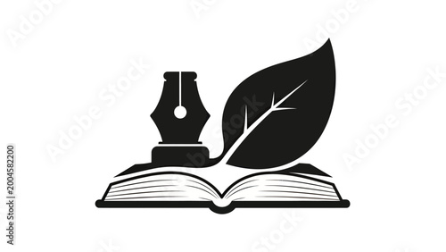 Tableau sur toile Open book with pen nib and leaf symbol