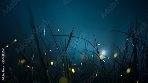 fireflies. Fireflies glowing in summer night grass under ambient moonlight. wildlife magazines, conservation campaigns, designed for nature documentaries and education and eco-tourism storytelling.
