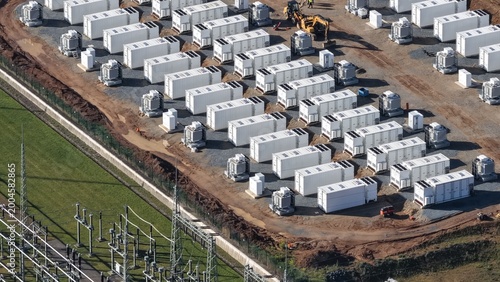 Tableau sur toile Aerial view of a large-scale battery storage construction site in Germany, highlighting the expansion of energy storage infrastructure as part of the renewable energy transition