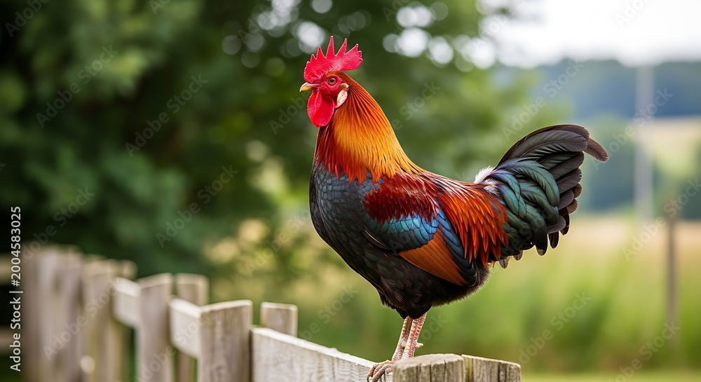 Fototapeta premium Vibrant rooster perched on a fence a colorful farmyard scene