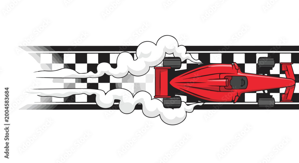 Fototapeta premium Red Formula 1 race car speeding across a checkered finish line with smoke trails, top view illustration