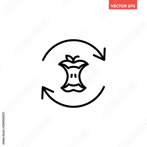 Black single zero waste food waste recycle line icon, simple organic recycling flat design vector pictogram, infographic interface elements for app logo web button ui ux isolated on white background