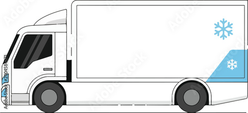 Konstfotografi Flat Style White Refrigerated Delivery Truck with Snowflake Symbol Side View for
