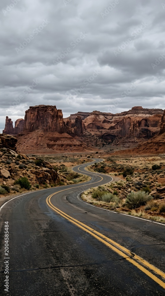 Fototapeta premium Winding road through monument valley a dramatic desert landscape under cloudy skies