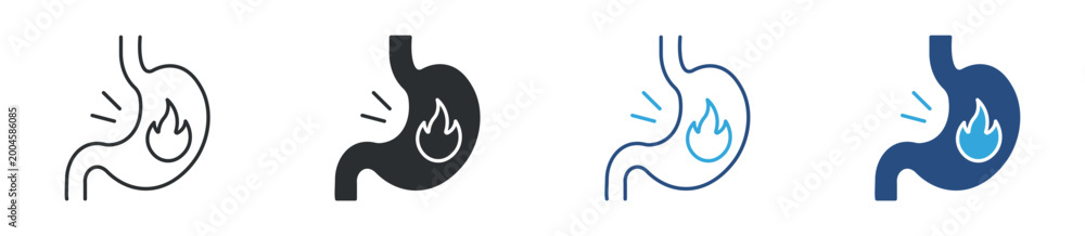 Fototapeta premium Heartburn icon set. human stomach with burning flame. acid reflux and digestive discomfort concept. vector illustration.